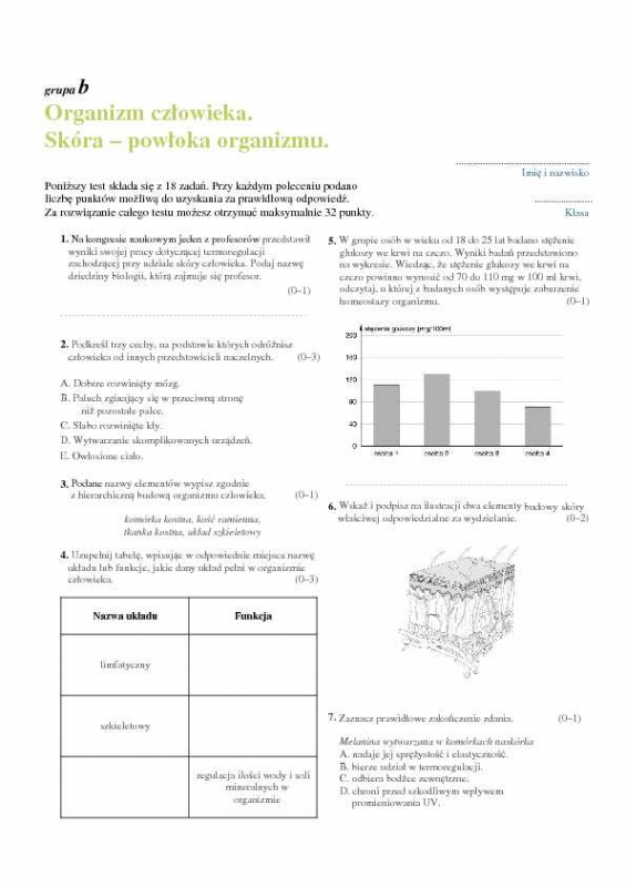 Trzeba mi odpowiedzi do testu z biologi organizm czlowieka Skóra