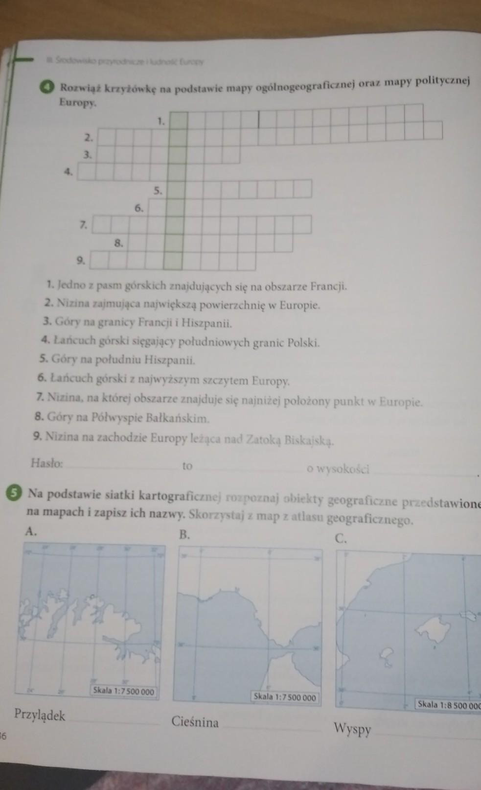 Rozwiąż krzyżówkę na podstawie mapy ogólnogeograficznej oraz mapy