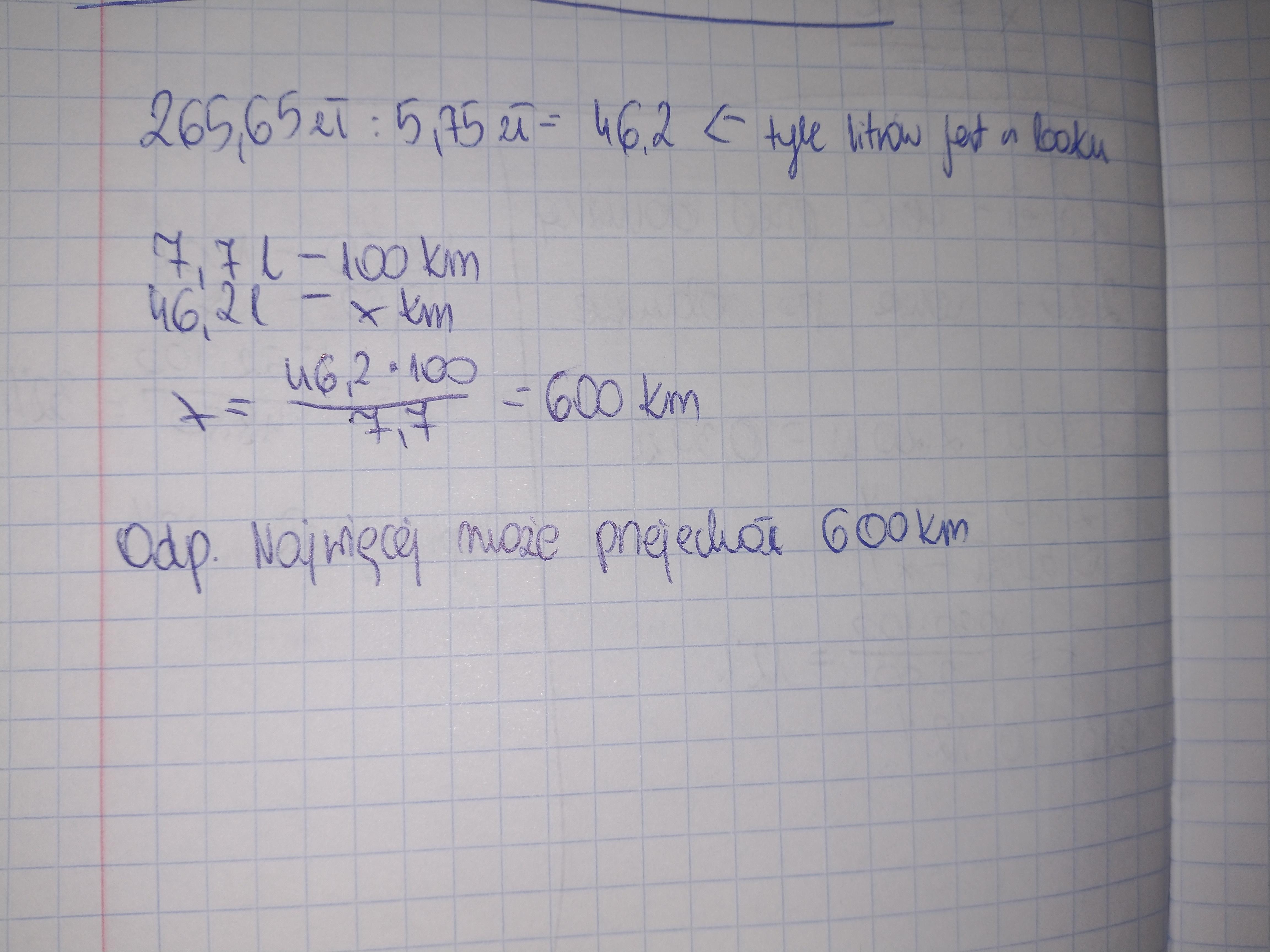 Samochód pana Piotra spala średnio 7,7 1 benzyny na 100 km. Litr