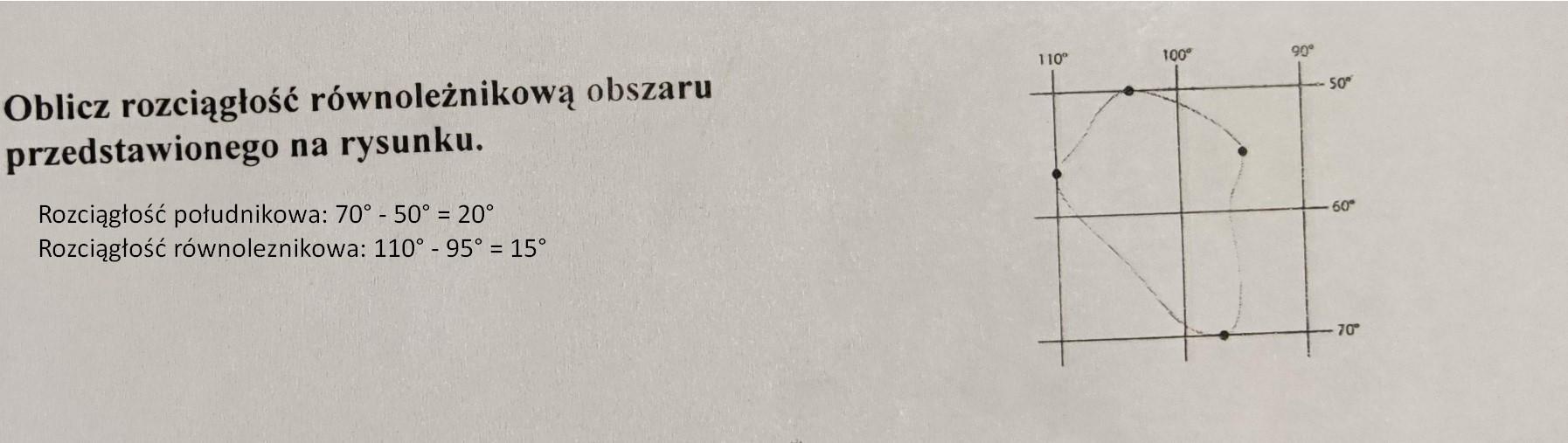 Oblicz rozciągłość równoleżnikową obszaru przedstawionego na rysunku