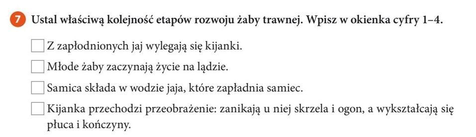 Ustal właściwą kolejność etapów rozwoju żaby trawnej. Wpisz w okienka