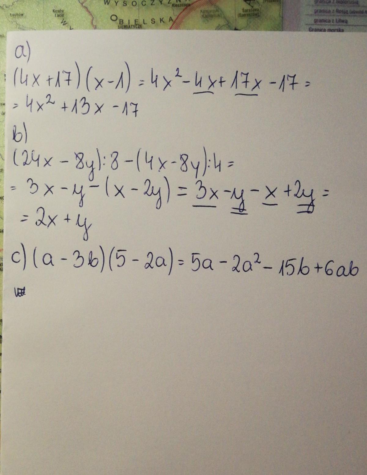 Wykonaj działania i zredukuj wyrazy podobne a) (4x + 17)(x 1) b