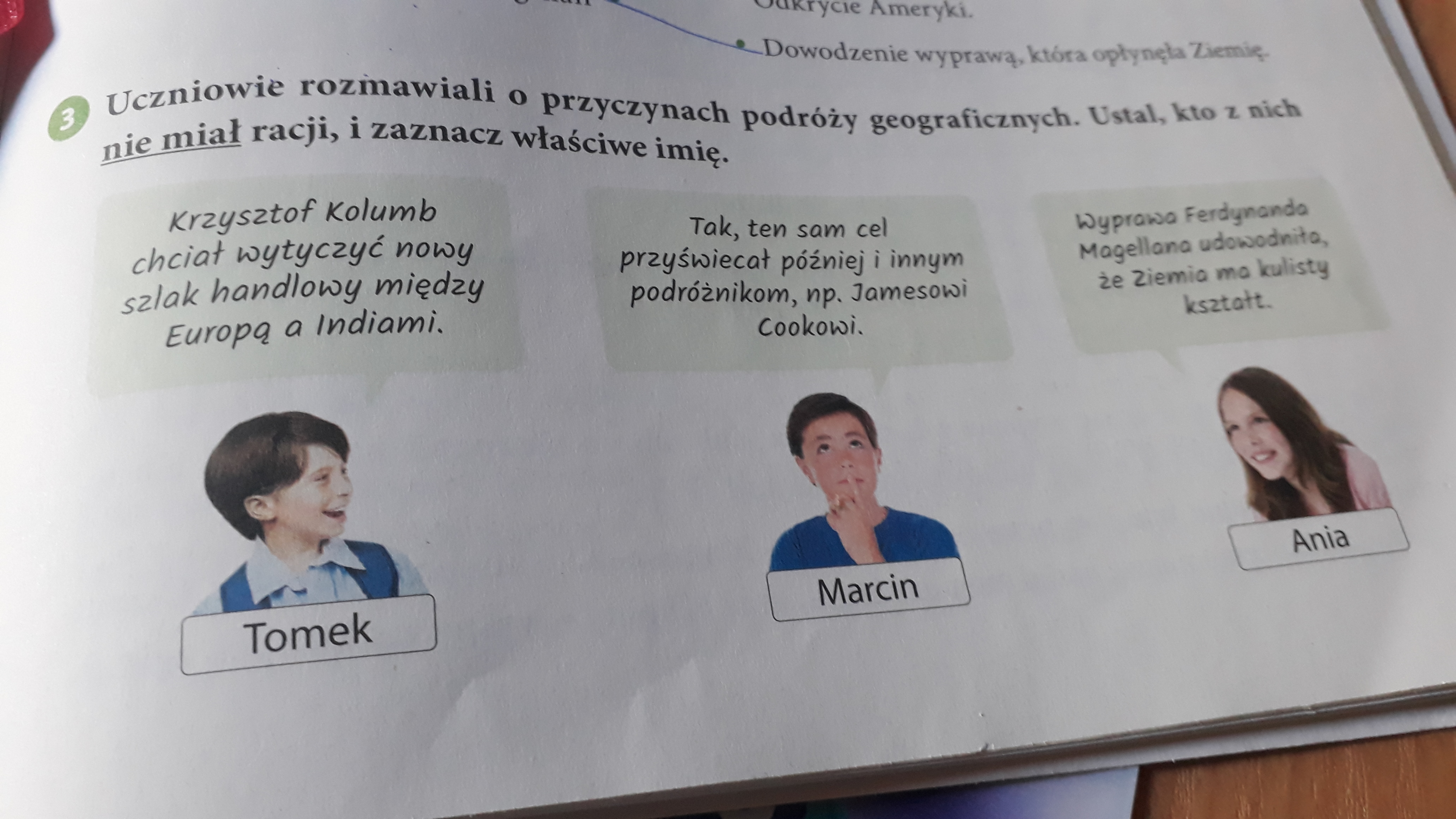 Uczniowie rozmawiali o przyczynach podróży geograficznych. Ustal kto z
