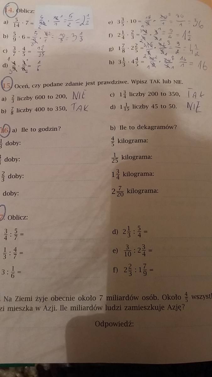 Matematyka liczby całkowite i ułamki zad.16,str.86 a) ile to godzin? 1/