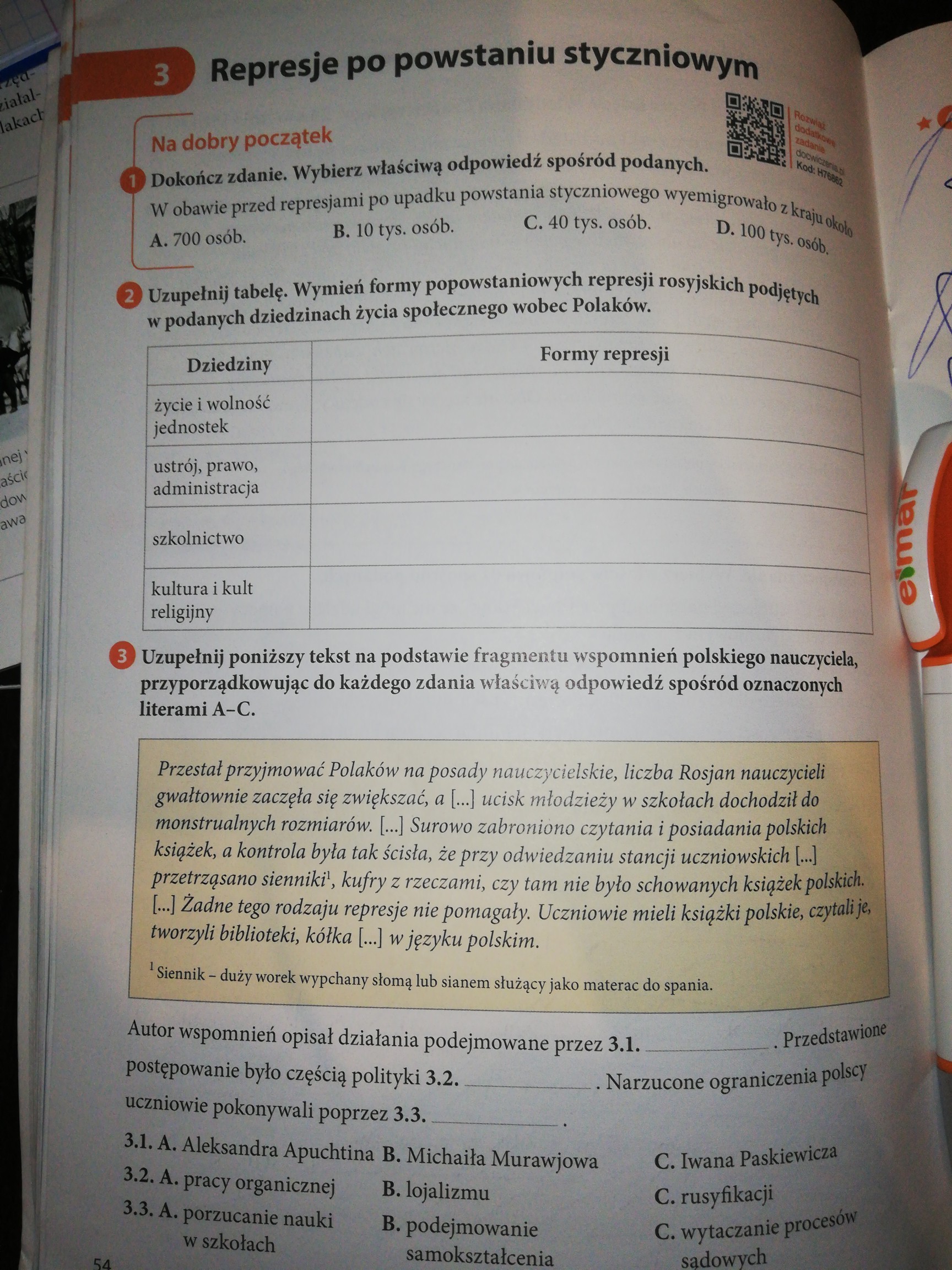 Represje po powstaniu styczniowym Ćwiczenie cała str.... Klasa 7