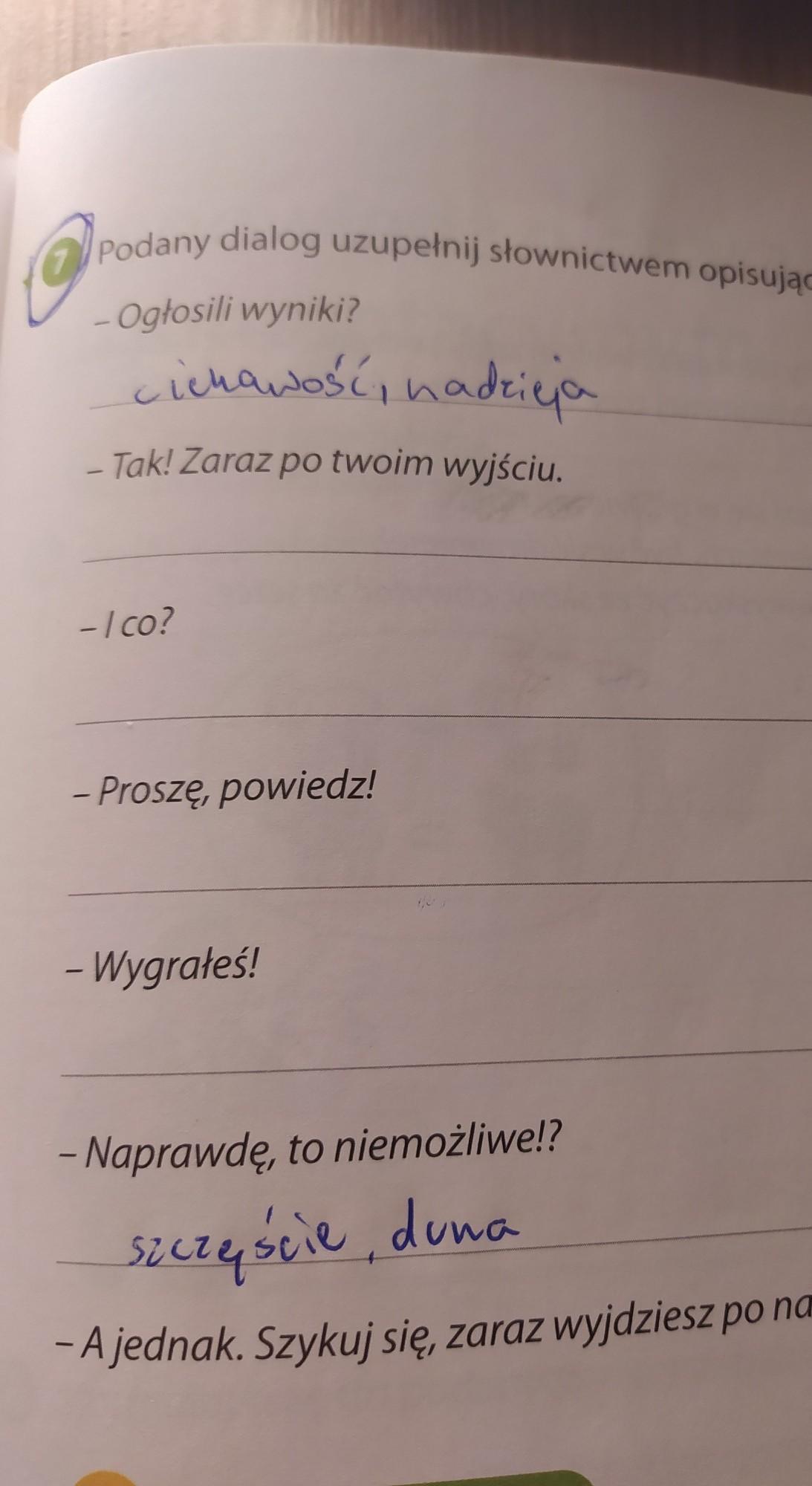 podany dialog uzupełnij słownictwem opisującym przeżycia wewnętrzne