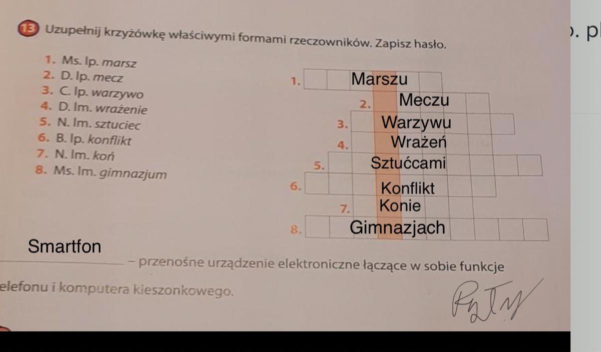 Uzupełnij krzyżówkę właściwymi formami rzeczowników. Zapisz hasło. plss