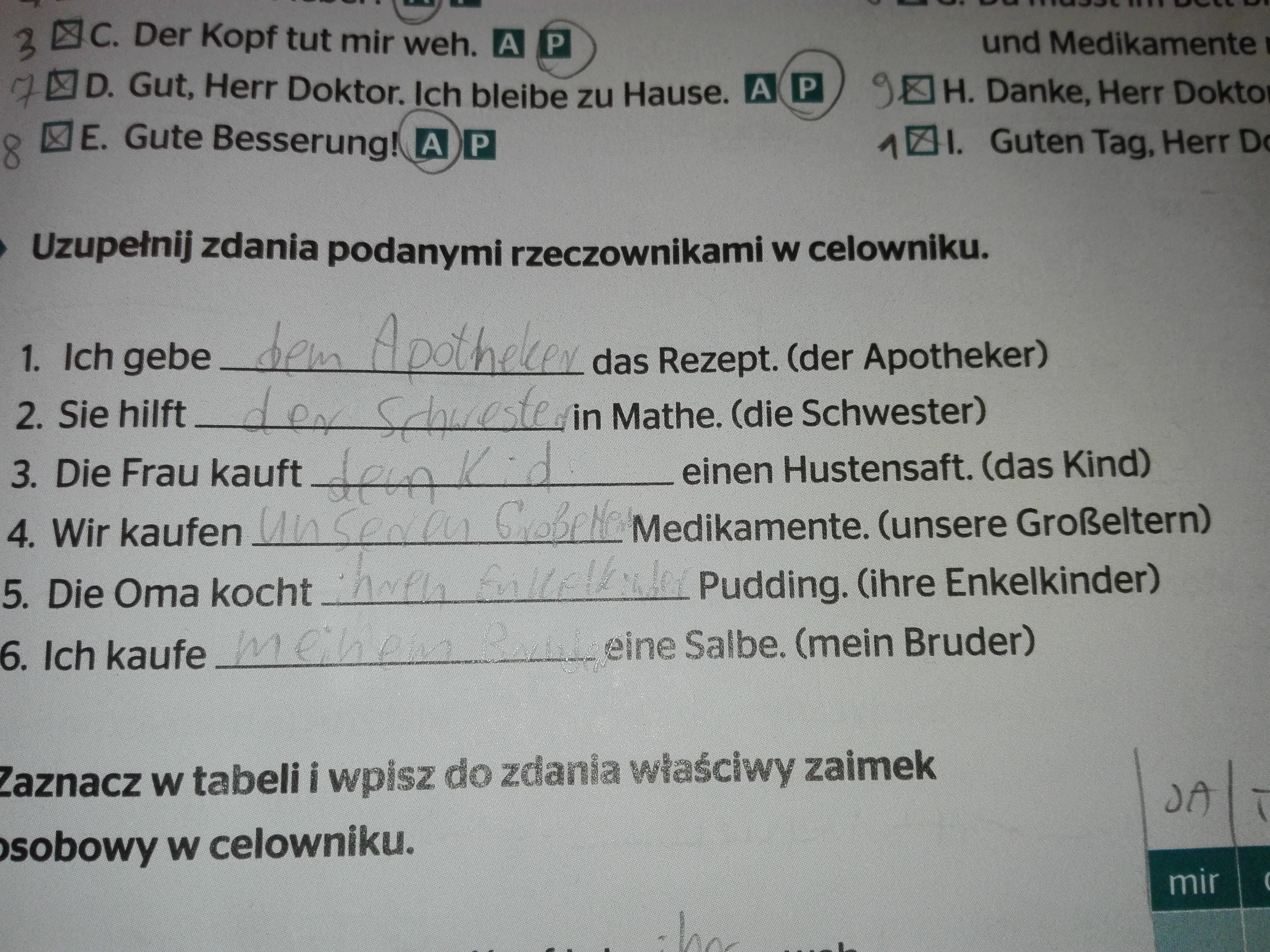 niemiecki klasa 8uzupenij zdania podanymi rzeczownikami w celowniku