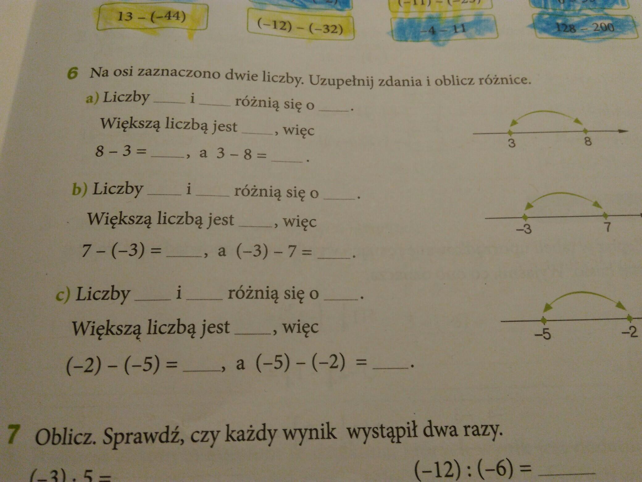 Na osi zaznaczono dwie liczby. Uzupełnij zdania i oblicz różnice