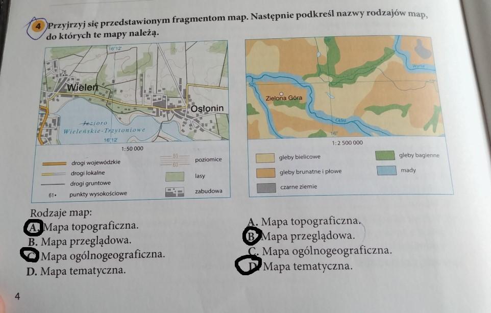 Przyjrzyj się przedstawionym fragmentom map. Następnie podkreśl nazwy