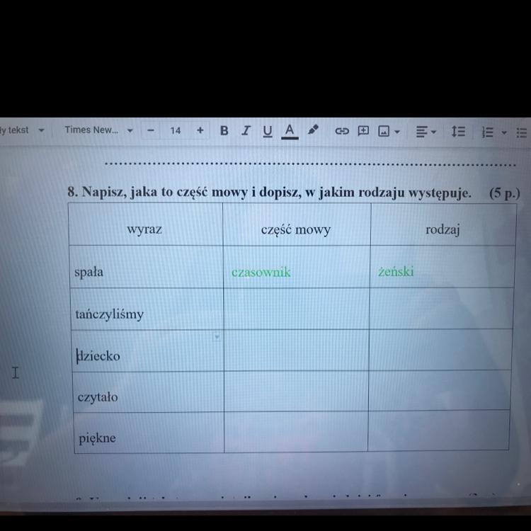 Napisz jaka to część mowy i dopisz, w jakim rodzaju występuje. PLS