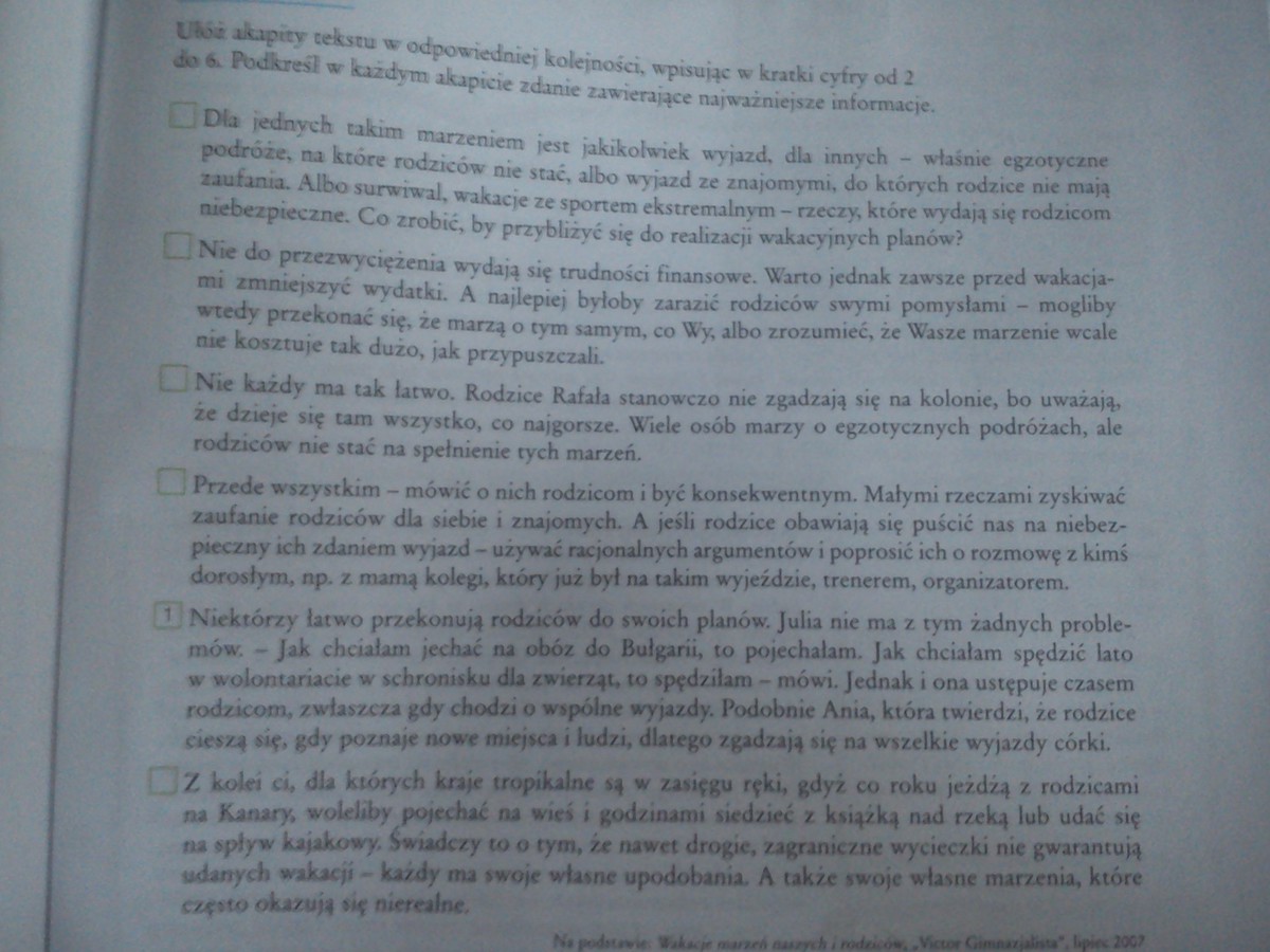 Ułóż akapity tekstu w odpowiedniej kolejności, wpisujac w kratki cydry