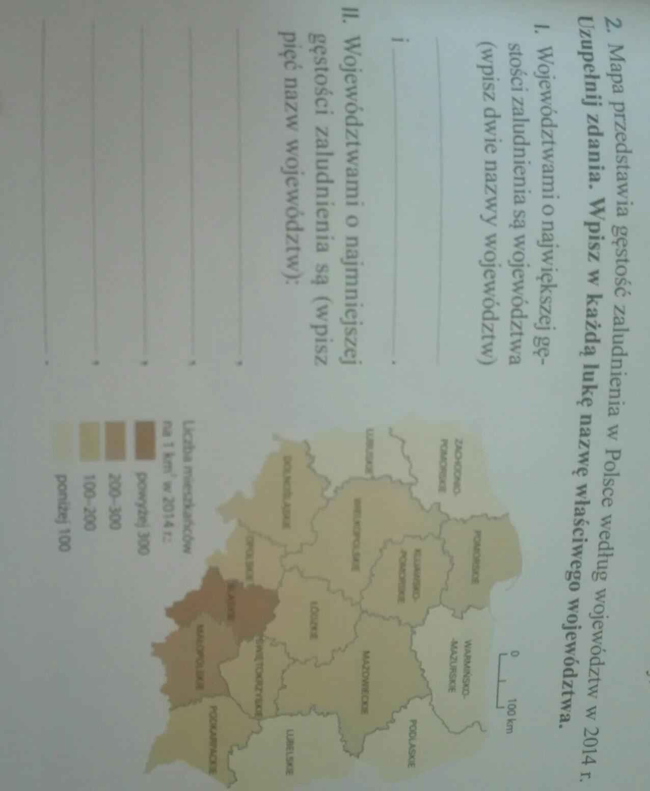 Mapa przedstawia gęstość zaludnienia w Polsce według województw w 2014