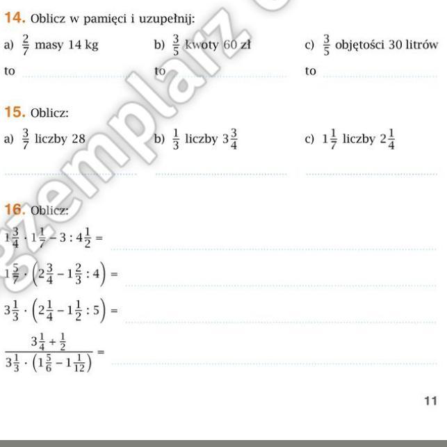 oblicz w pamięci i uzupełnij strona 11 zadanie 14 matematyka z plusem