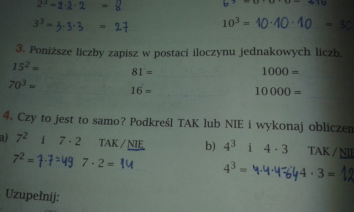 Poniższe liczby zapisz w postaci iloczynu jednakowych liczb. ( zdjęcie