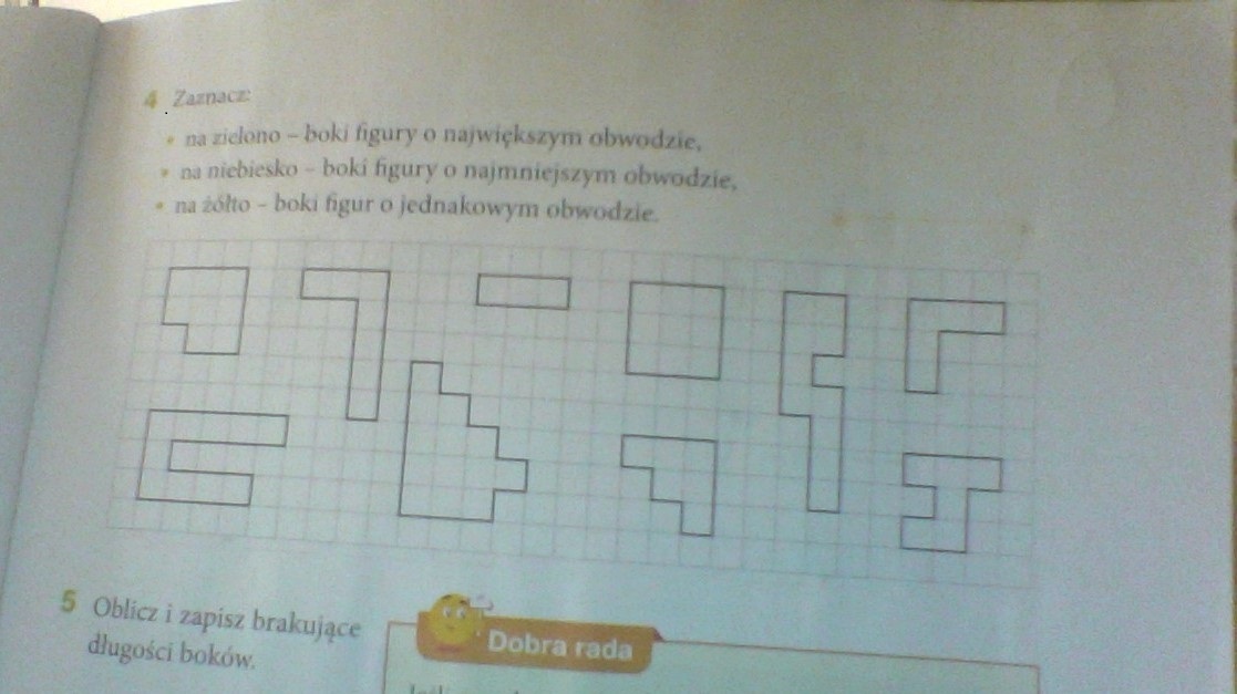 Zaznacz Na zielono boki figury o największym obwodzie, Na niebiesko