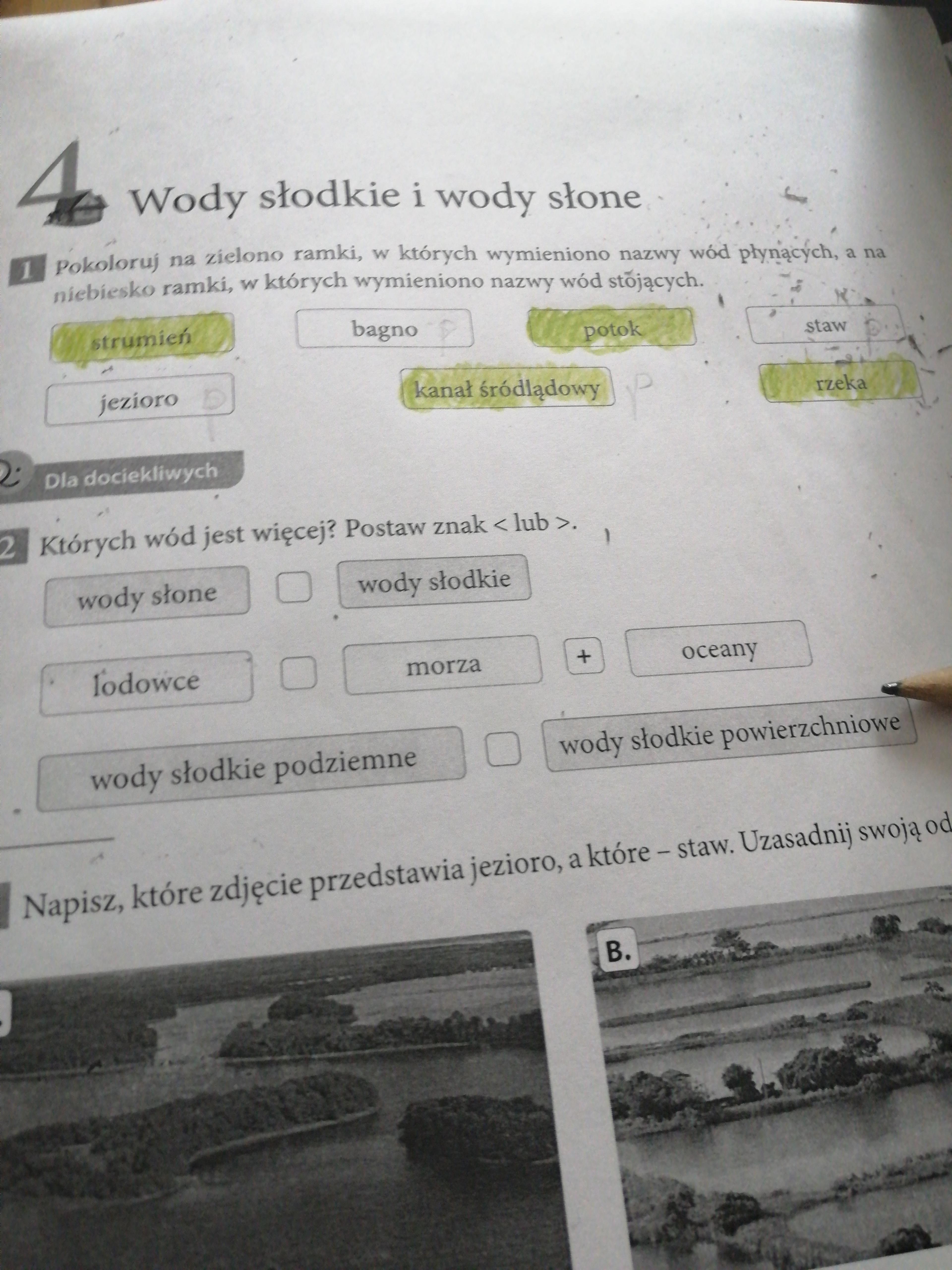 Których wód jest więcej Postaw znak . Wody słone wody słodkie Lodowce