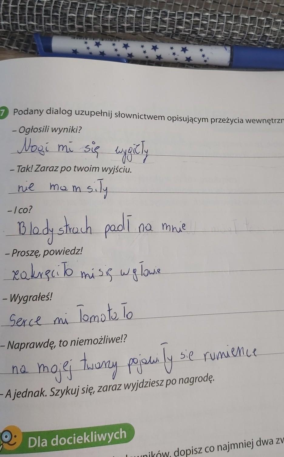 Podany dialog uzupełnij słownictwem opisującym przeżycia wewnętrzne