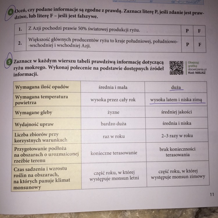 Zaznacz w każdym wierszu tabeli prawdziwą informację dotyczącą ryżu