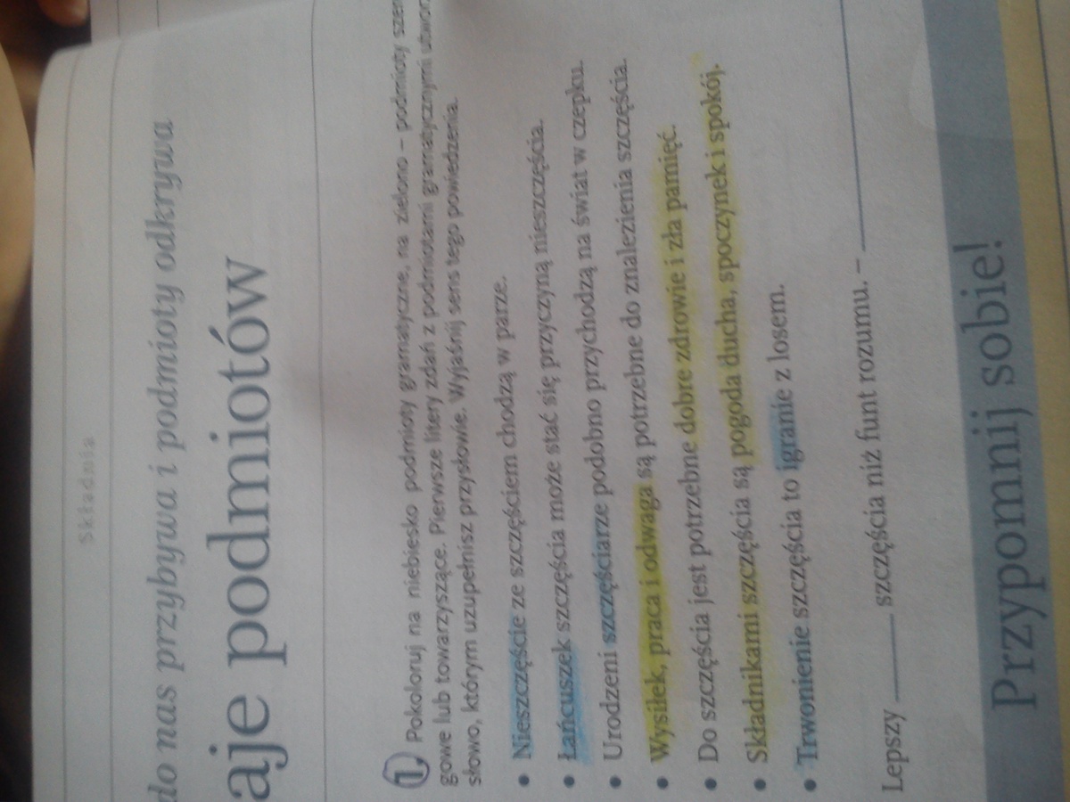 pokoloruj na niebiesko podmioty gramatyczne na zielono podmioty