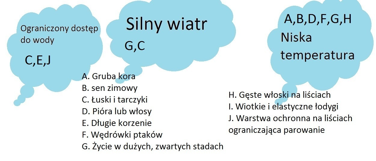 Do wymienionych w chmurkach warunków środowiska lądowego dobierz cechy