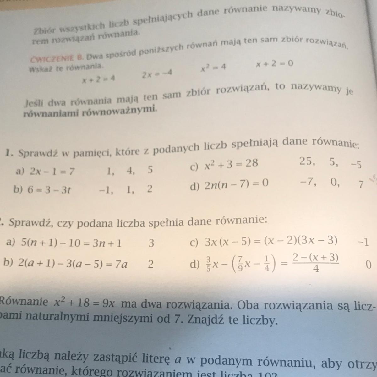 Sprawdź, czy podana liczba spełnia dane równanie Tylko zad. 2 zdjęcie w