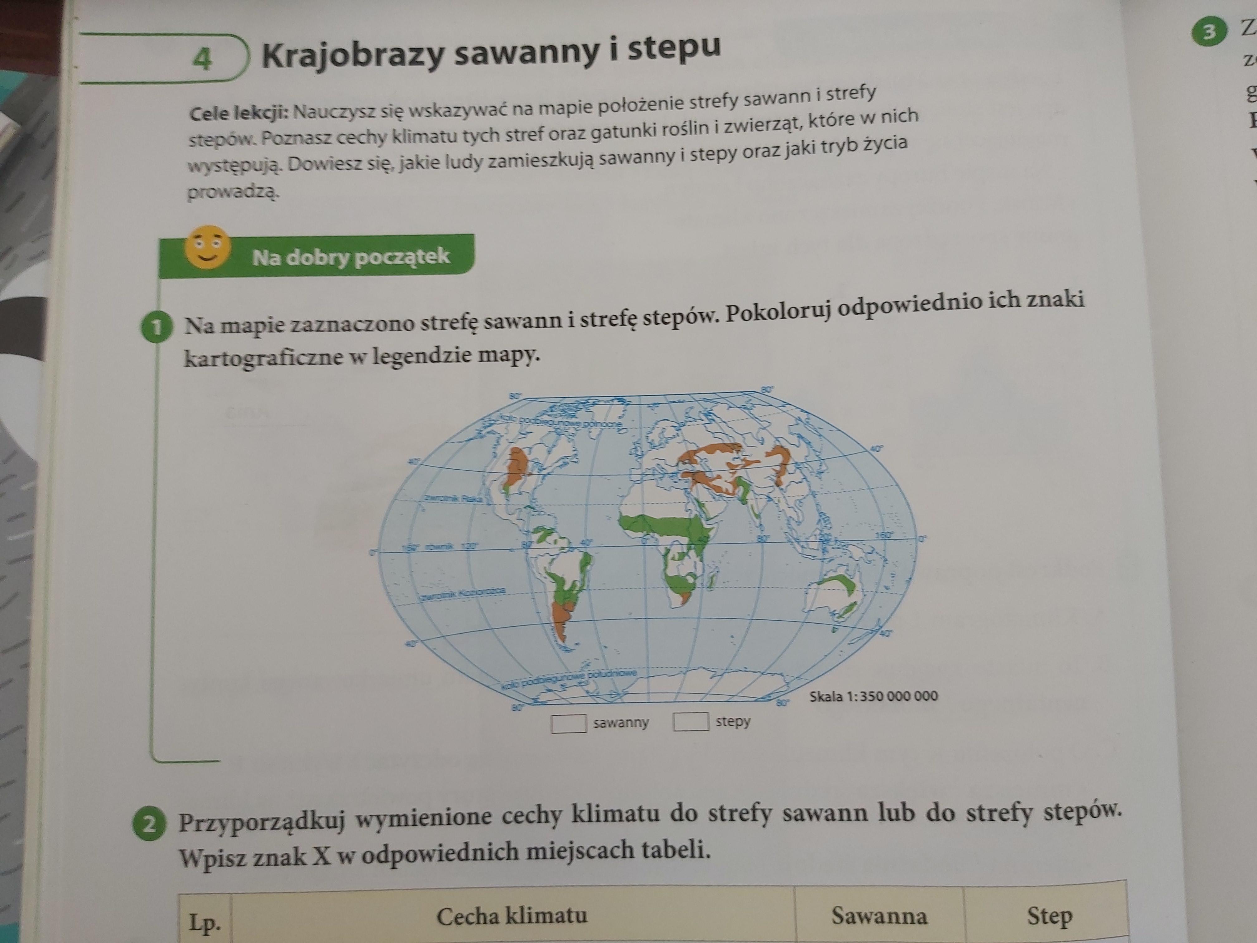 Na mapie zaznaczono strefę sawann i strefę stepów.Pokoloruj odpowiednio
