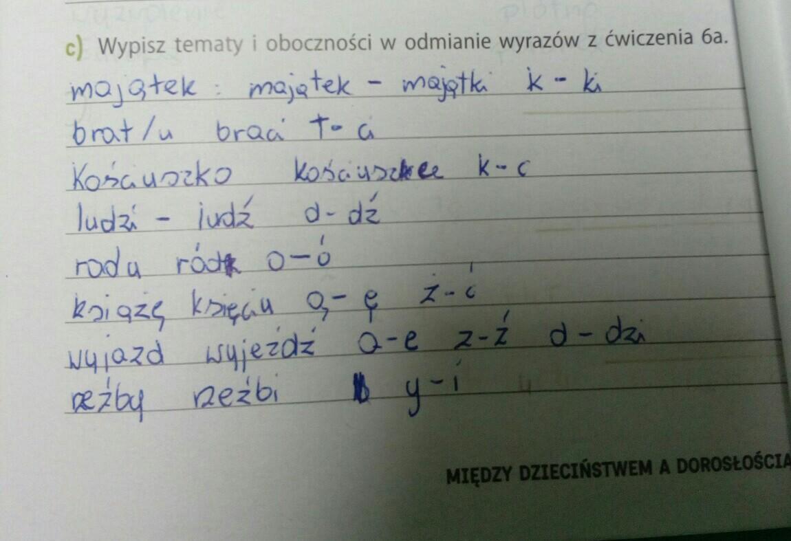 wypisz tematy i oboczności w odmianie podkreślonych rzeczowników