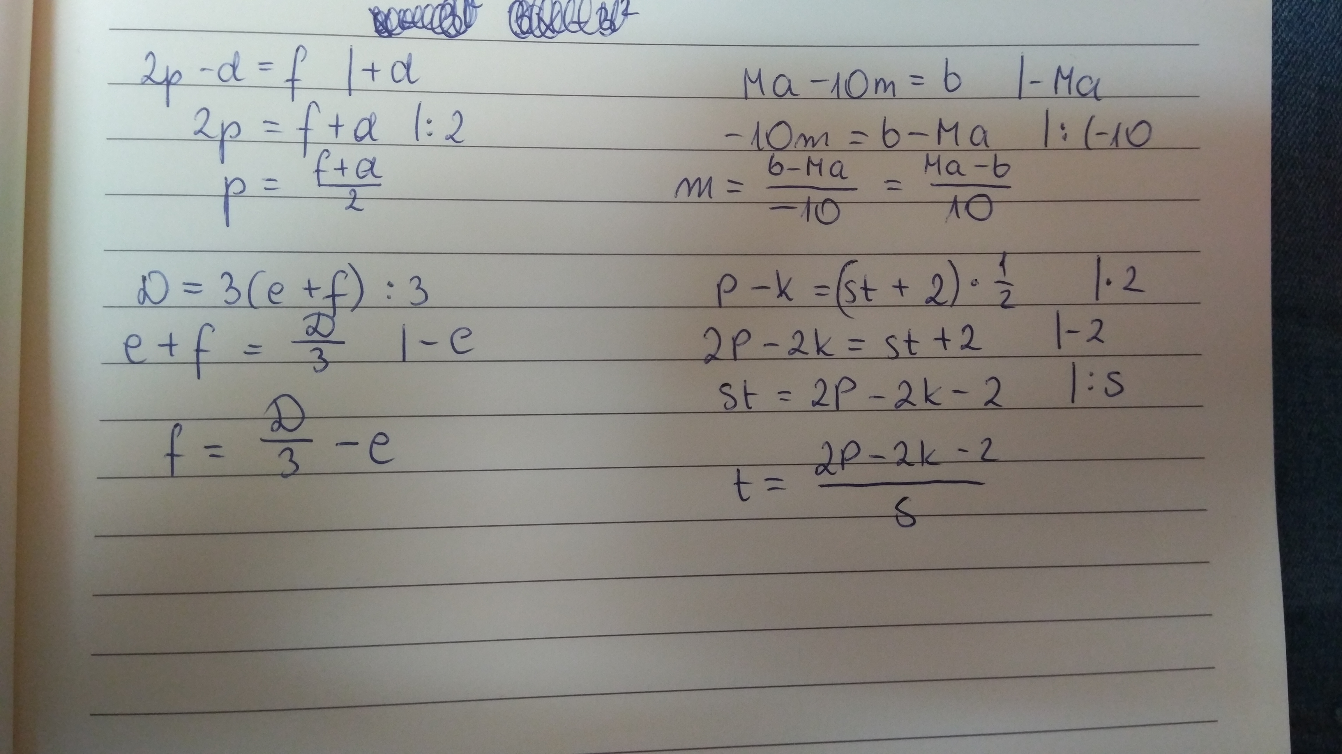 Wyznacz ze wzoru wskazaną wielkość c) 2pd = f ;p d) Ma 10m =b;m e) D
