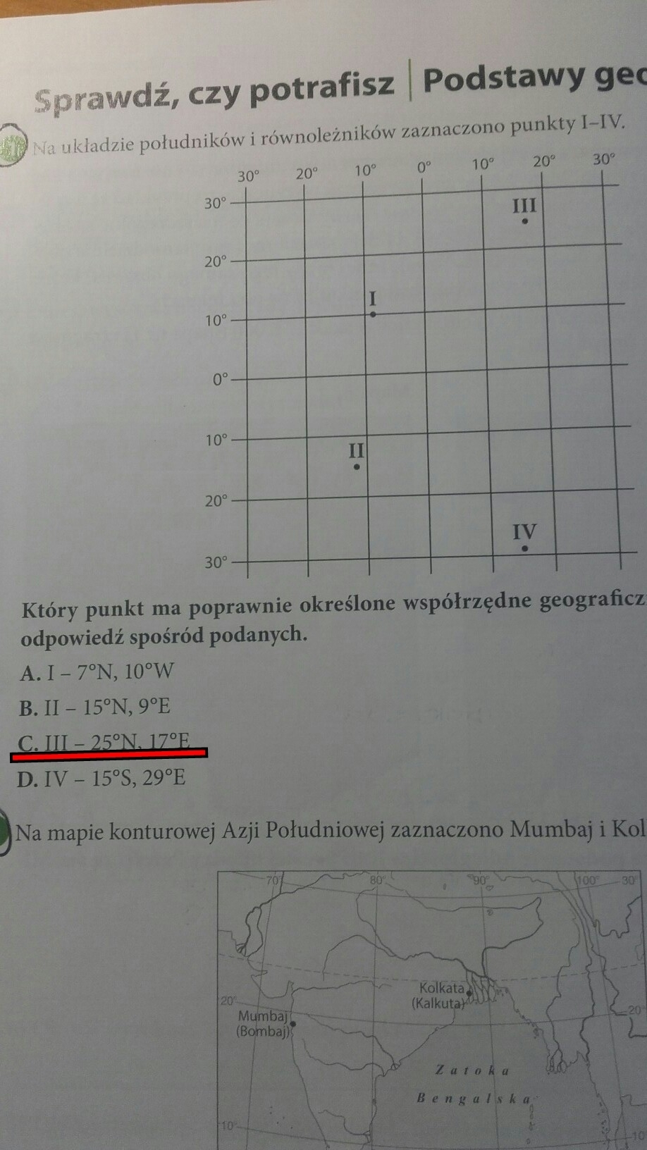 na układzie poludnikow i rownoleznikow zaznaczona punkty który punkt ma