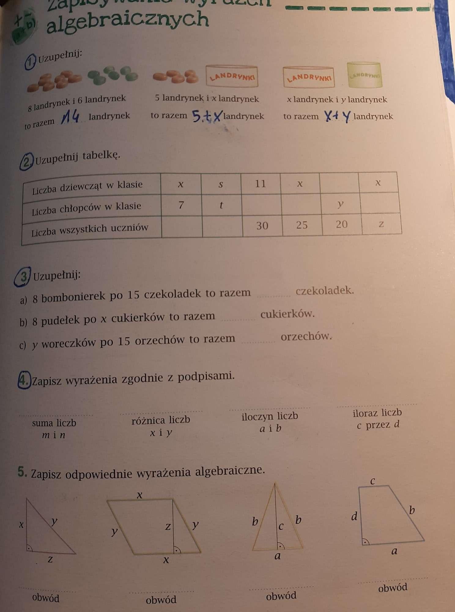 zapisywanie wyrażeń algebraicznych ćwiczenia część 1 klasa 6 strona 73