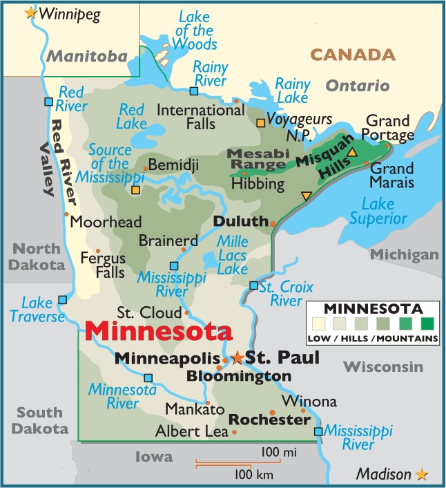 Map of Minnesota (MN) State, Outline, County, Cities, Towns