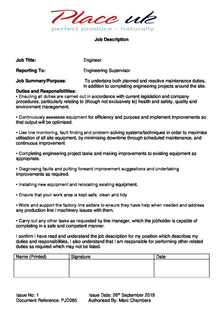 Engineer Job Description Place UK