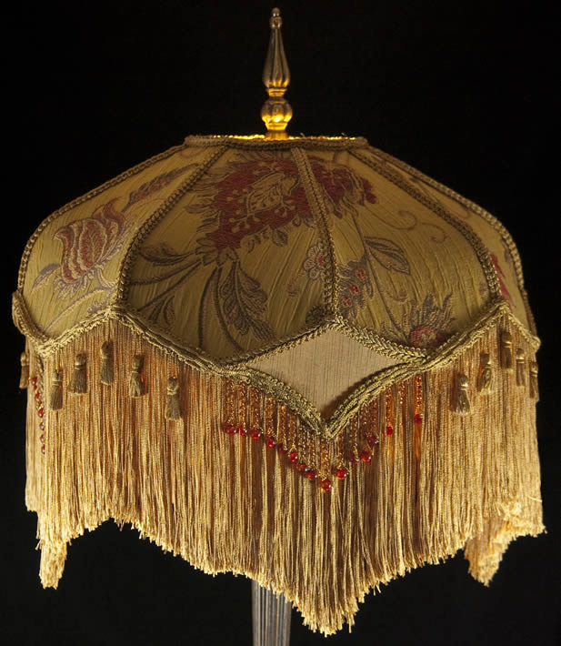 VICTORIAN LAMP SHADE HEAVY EMBROIDERED FABRIC W/ GOLD SILK RUST BEADING