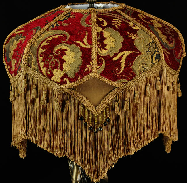 VINTAGE VICTORIAN LAMP SHADE RED GOLD CHENILLE FABRIC W/ SILK STUNNING