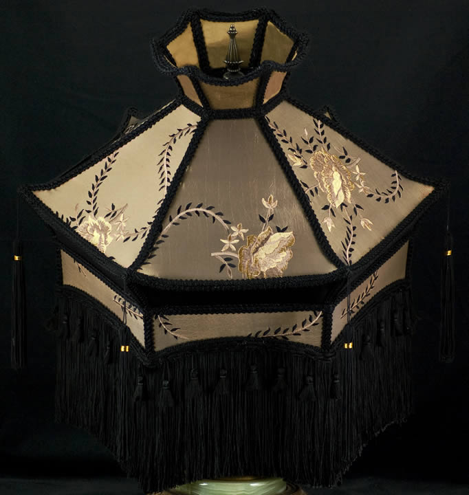 LAMP SHADE ORIENTAL FABRIC BLACK SILK EMBROIDERY TAUPE eBay