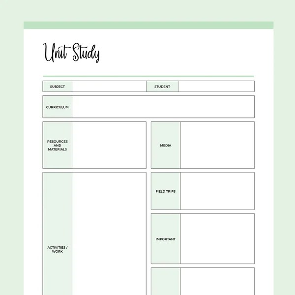 Printable Unit Study Sheets Instant download PDF A4 & US Letter Plan Print Land