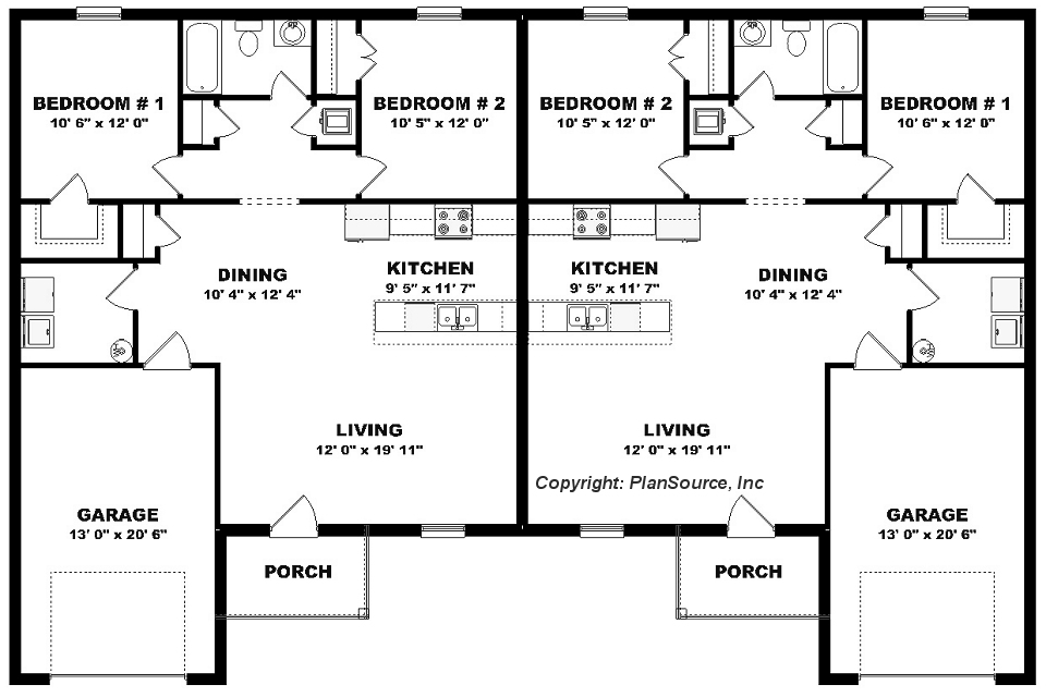 Duplex plan with open layout and garage per unit PlanSource, Inc