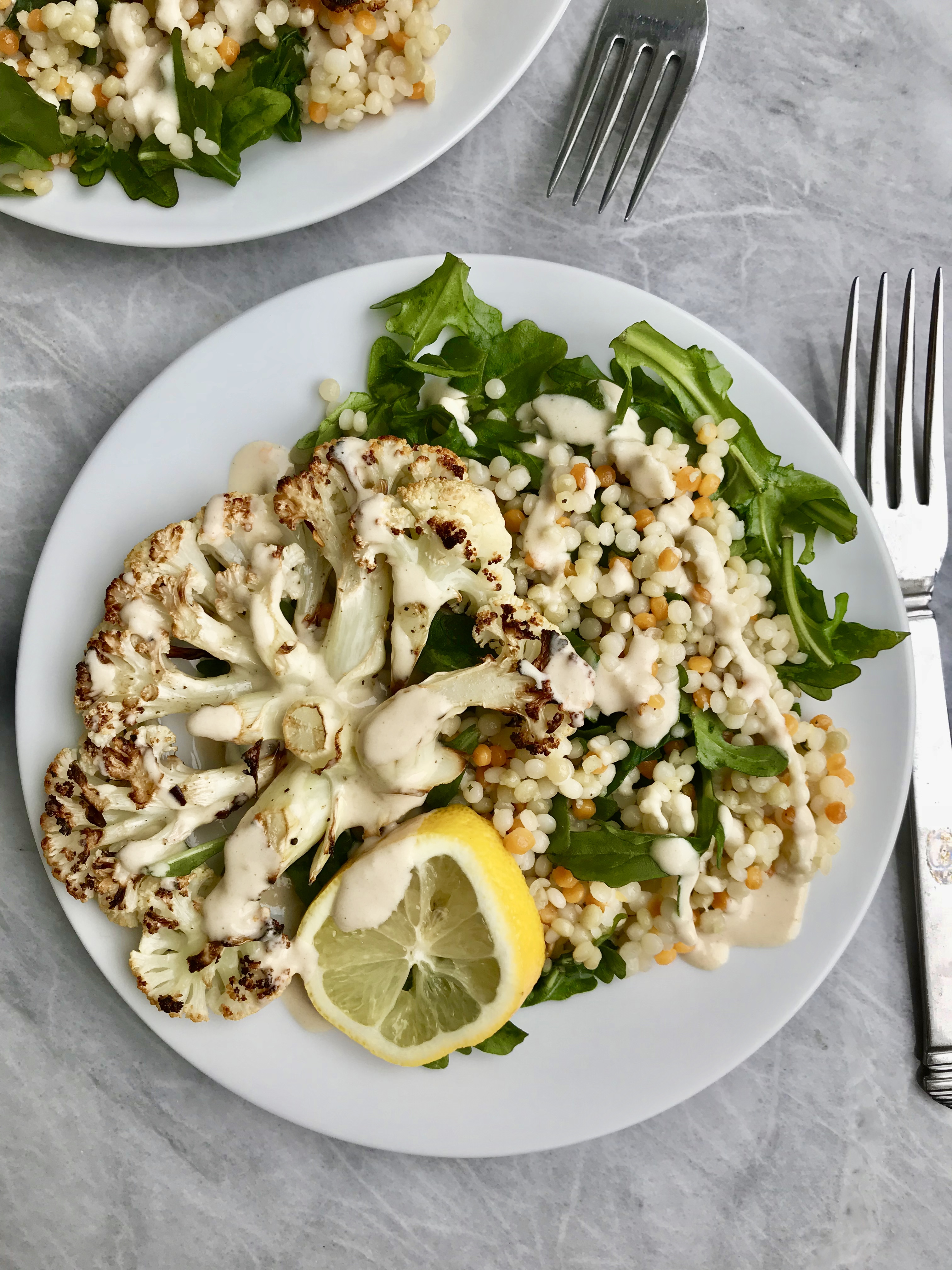 Cauliflower Steaks with Pearled Couscous Salad & Tahini Dressing
