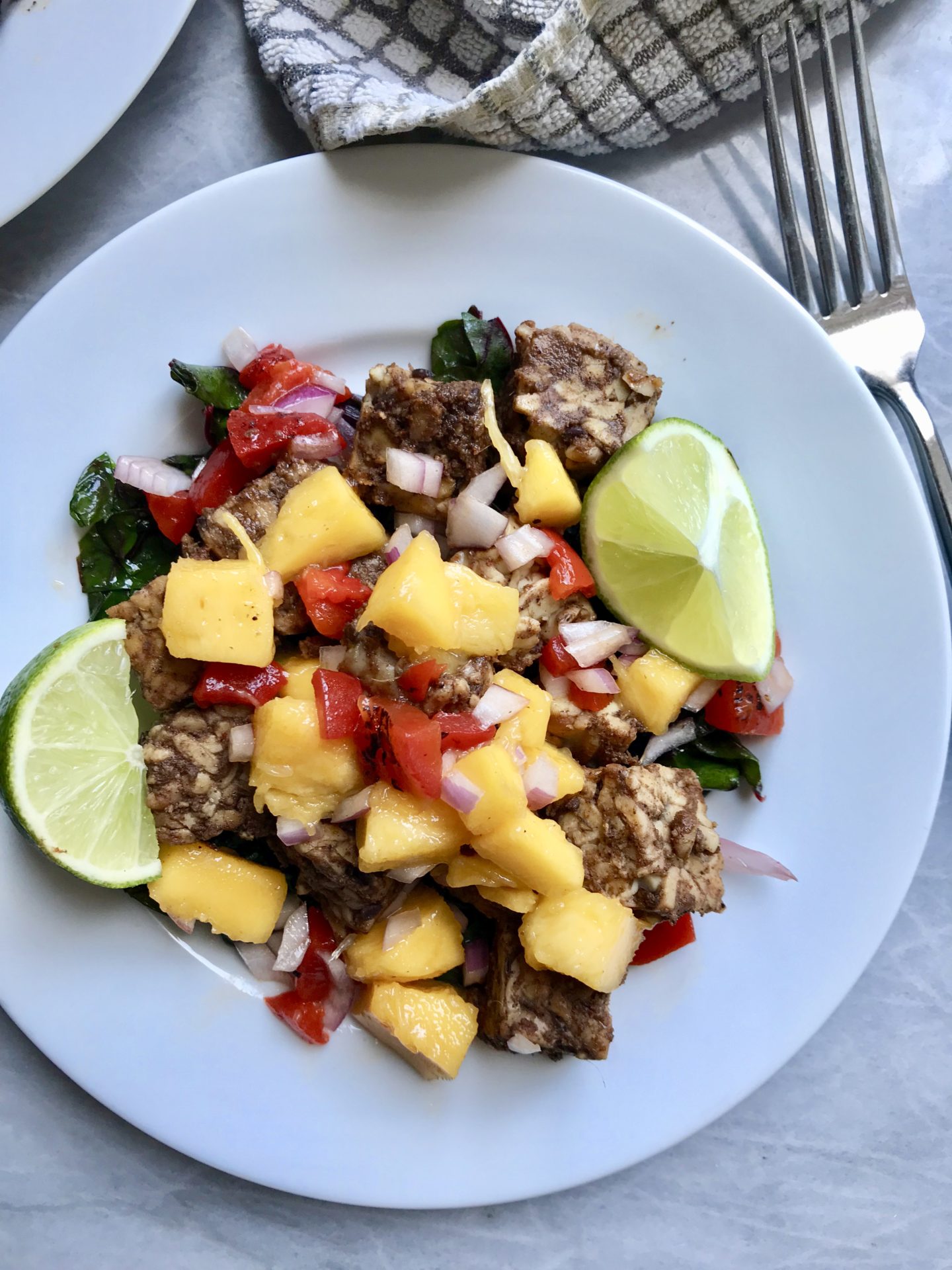 Jamaican Jerk Tempeh with Sautéed Greens and Mango Salsa Plant Based Jane