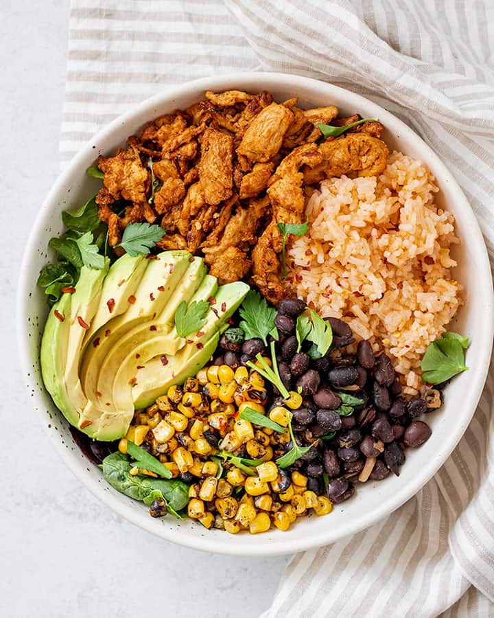 Latin Nourish Bowl with Vegan Chicharrons de Pollo Plant Based RD