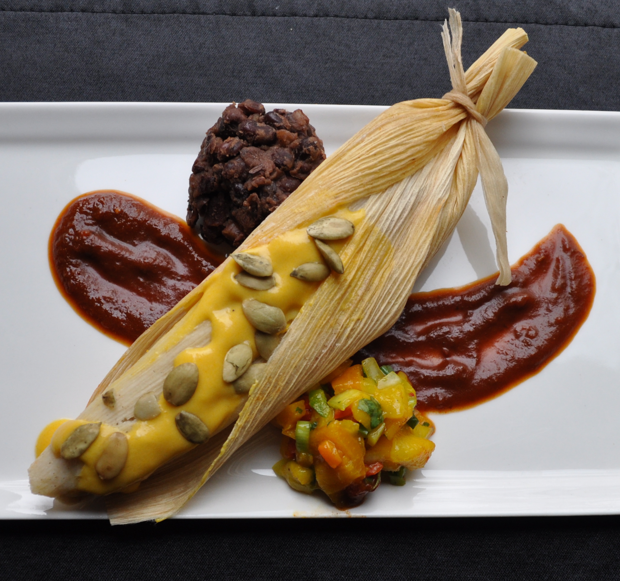 Roasted Vegetable Tamales with Habanero Cream and Ancho Barbecue Sauce