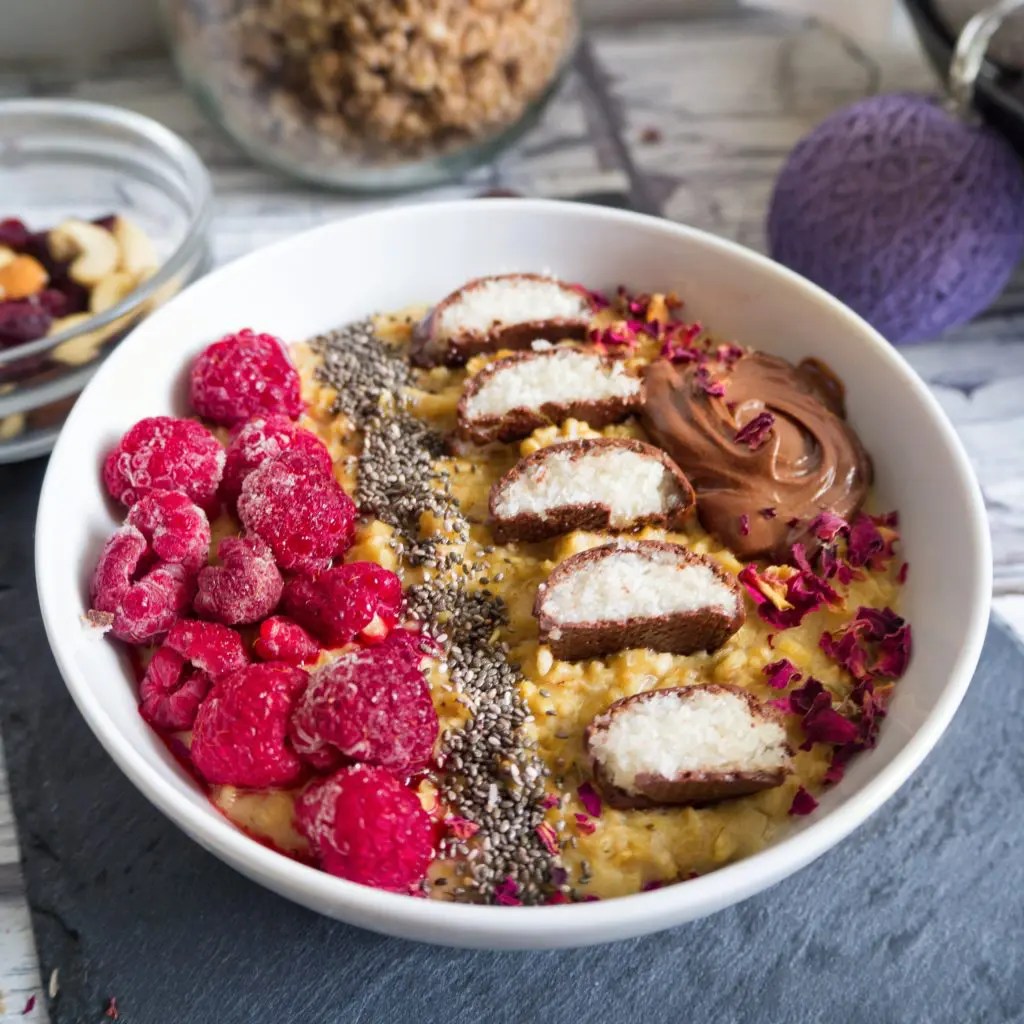 Healthy loaded Oatmeal Bowl with Peanut Butter and Chia Seeds
