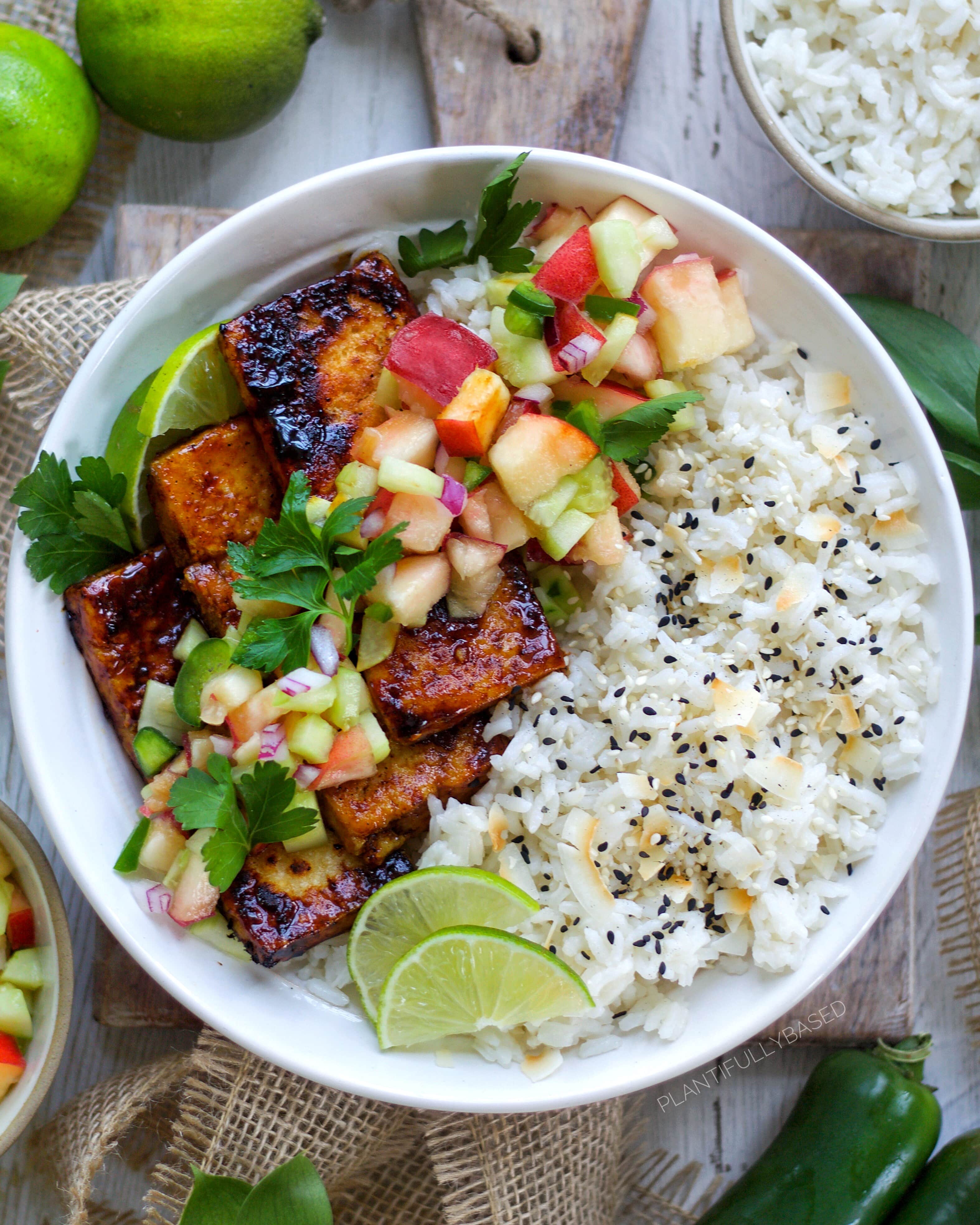 Sticky Chili Lime Tofu with Coconut Rice Plantifully Based