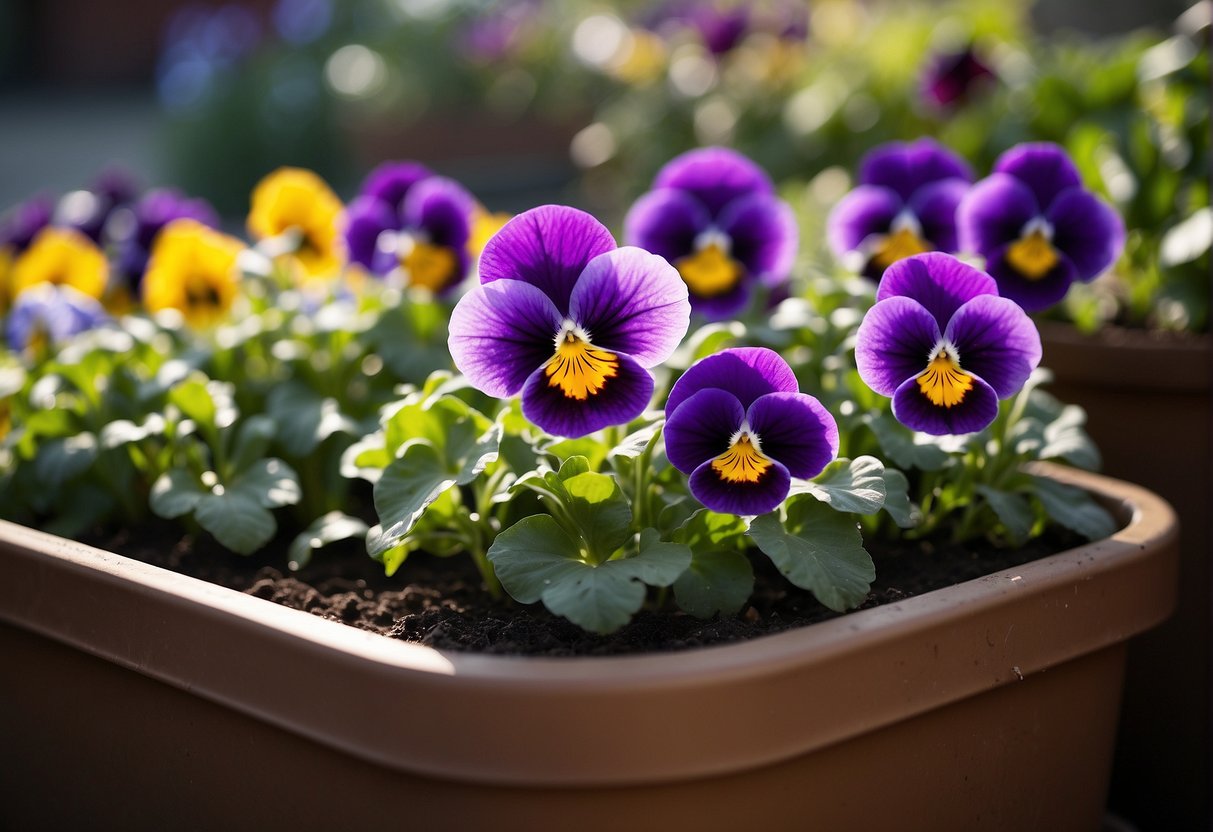 Pansies in pots: water soil, not leaves. Sunlight 6hrs daily. Deadhead spent blooms. Fertilize every 2 weeks. Watch for pests
