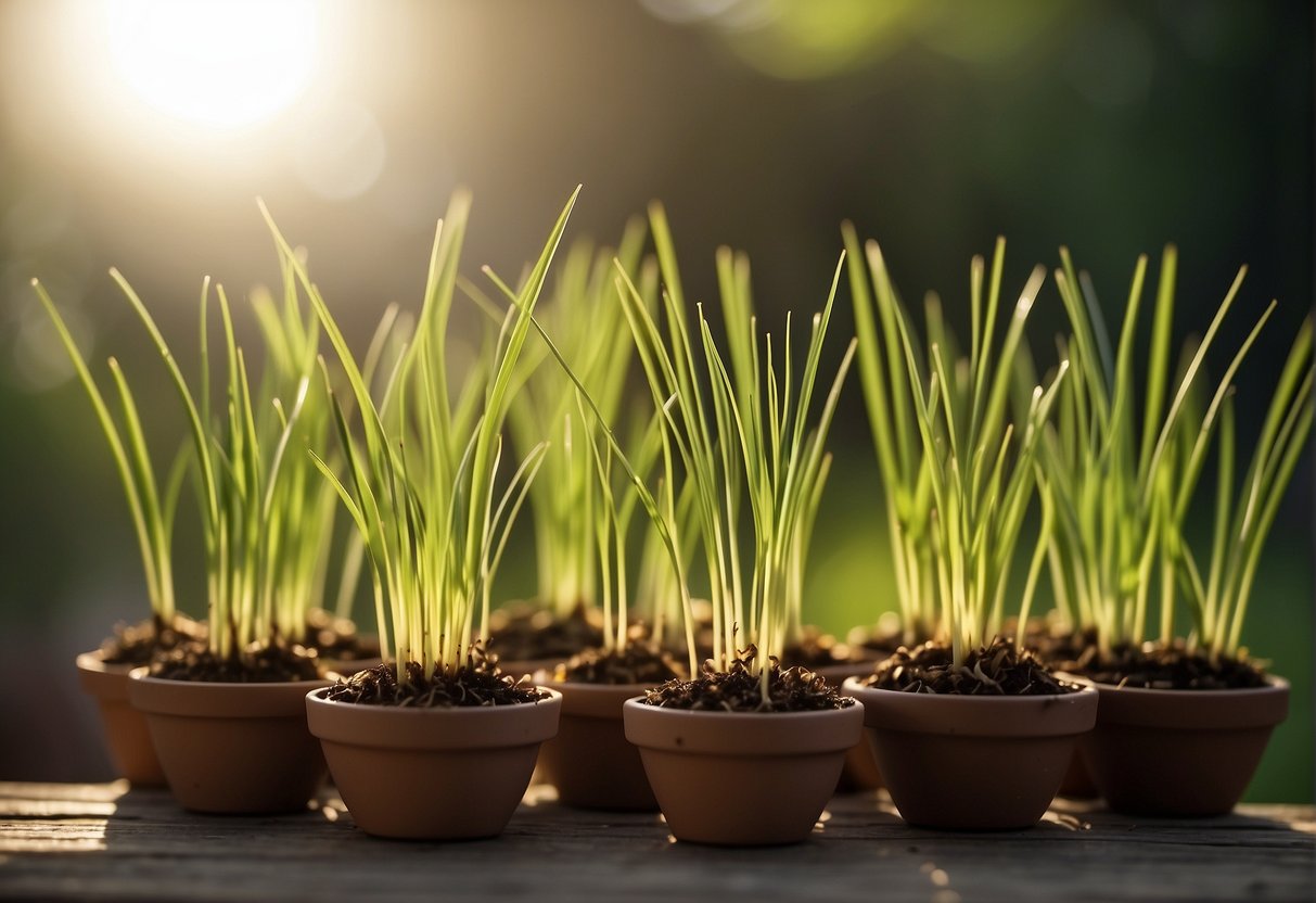 Lemongrass sprouting from small pots, bathed in sunlight. Green stalks and slender leaves sway gently in the breeze