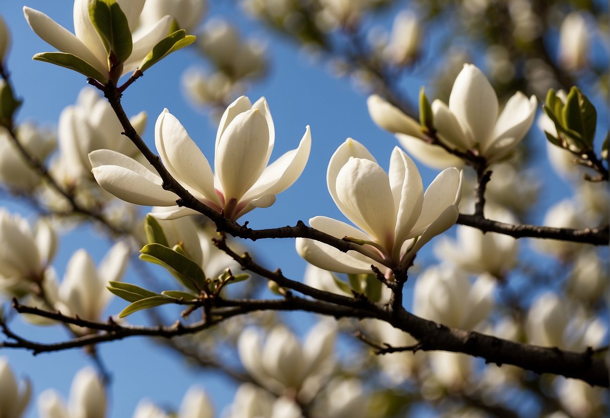 A magnolia tree grows rapidly, its branches reaching towards the sky. The leaves are large and glossy, and the white flowers bloom in abundance