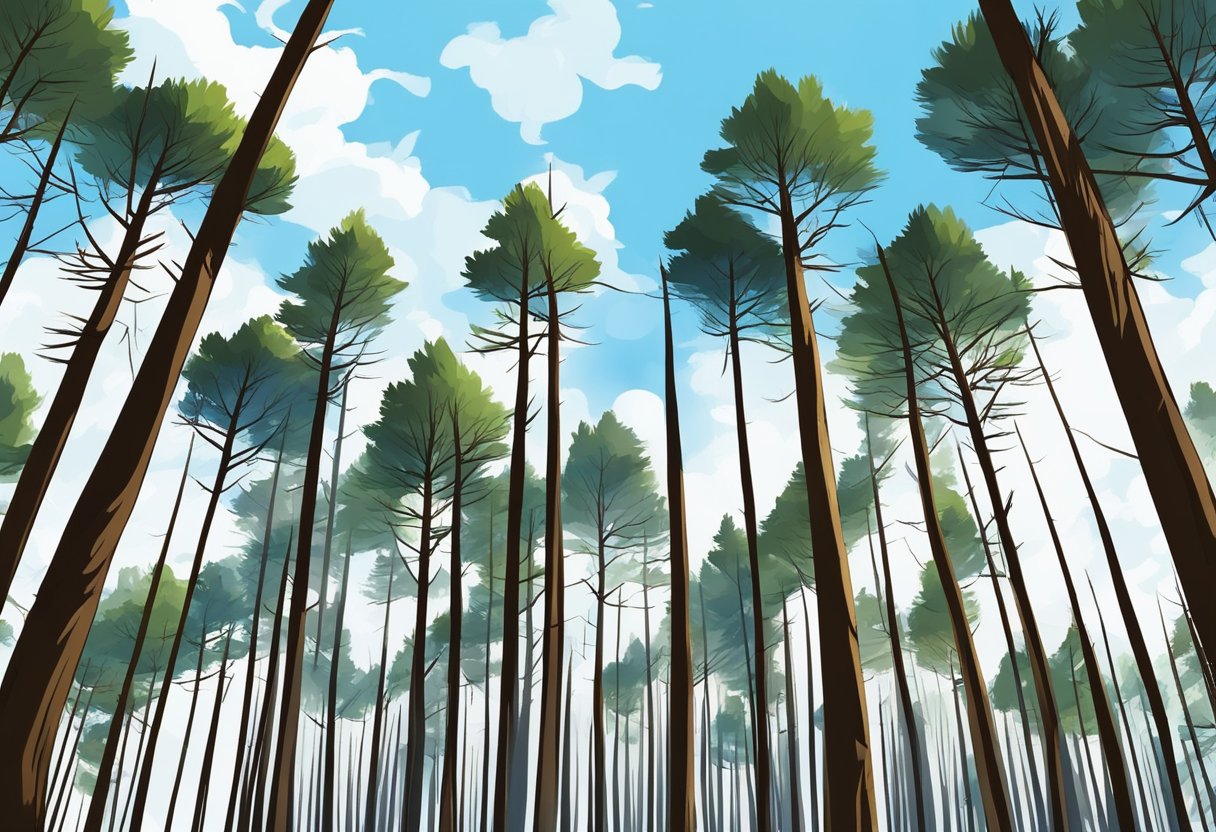 Tall pine trees stand against a blue sky in a dense forest, with long needles and rough bark