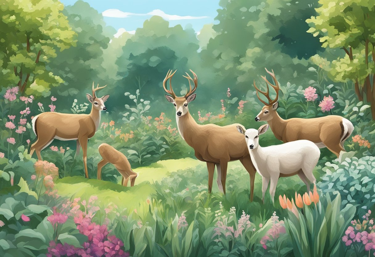 A lush garden with lamb’s ear plants surrounded by deer, unbothered by the animals due to their deer-resistant nature