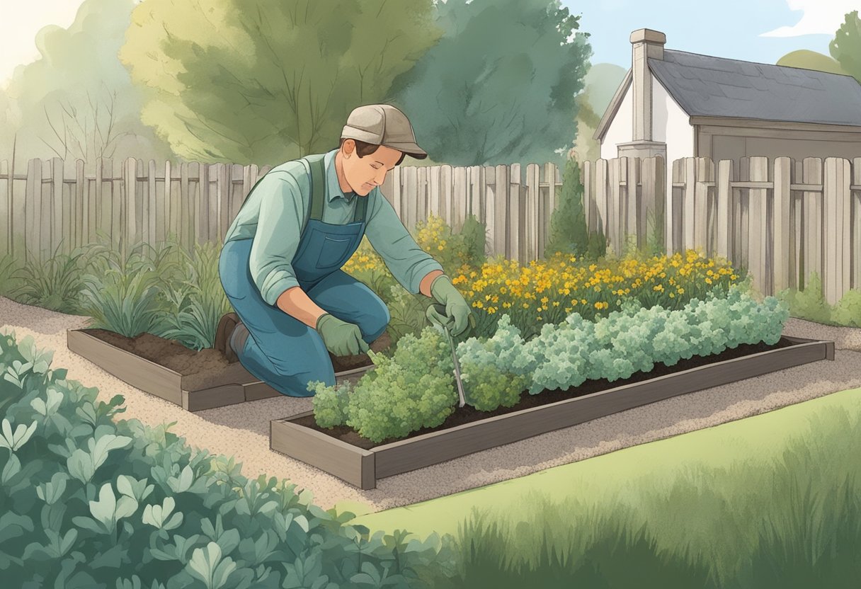 A gardener planting lamb’s ear in a deer-resistant garden bed. The plant grows tall and fuzzy, creating a soft and textured landscape